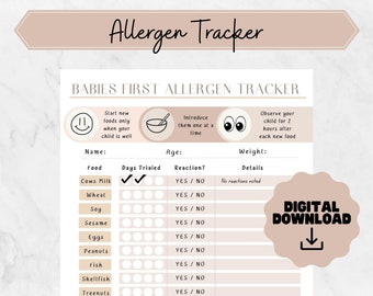 Puede incluir: Un gráfico de seguimiento de alérgenos de alimentos para bebés imprimible con un fondo beige. El gráfico incluye una sección para el nombre, la edad y el peso del bebé. Hay casillas de verificación para cada alimento para rastrear si el bebé ha sido introducido a él y si hubo una reacción. Los alimentos enumerados son: Leche de vaca, Trigo, Soja, Sésamo, Huevos, Cacahuetes, Pescado, Mariscos y Frutos secos.