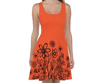 Orange Floral Summer Dress for Women, Orange and Black Sundress, Wildflowers Skater Dress, A-line Dress, Sleeveless Dress, Gift for Her