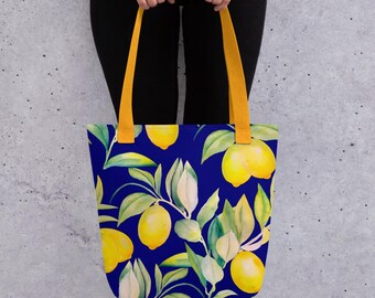 Lemon Print Tote Bag: Blue & Yellow Fruity Shopper