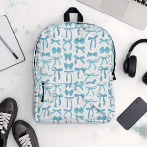 Blue Bows Backpack for Women, Custom Coquette Water Resistant Backpack, Blue Bow Bag for College Girls, Girly Bookbag, Back to School Gift