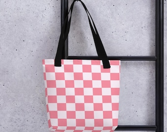 Bolso tote a cuadros rosa y blanco para mujer, bolso tote retro, bolso de mano a cuadros rosa, bolso de hombro, bolso de granjero, regalo para ella