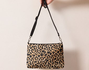Leopard Crossbody Bag for Women, Faux Leather Leopard Handbag, Animal Print Purse, Black and Brown Shoulder Bag, Gift for Her
