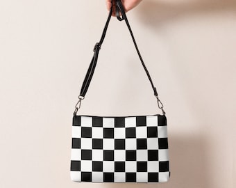 Black and White Checkered Crossbody Bag for Women, Checkered Handbag, Custom Faux Leather Retro Purse, Birthday Gift for Her