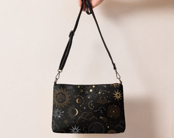Black Celestial Crossbody Bag for Women, Faux Leather Handbag with Celestial Print