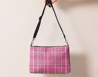 Bolso bandolera a cuadros rosa y blanco para mujer, bolso de piel sintética personalizado, bolso de hombro a cuadros, monedero convertible, regalo para ella