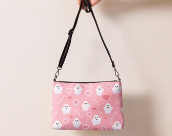 Sac à bandoulière d'Halloween rose fantômes pour femme, sac à main coeurs et têtes de mort fantômes mignons, sac à bandoulière en similicuir, sac à main fantômes, cadeau pour elle