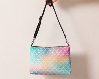 Kleurrijke crossbodytas met print zeemeerminschubben voor dames, kunstleer zeemeermin handtas, print on demand