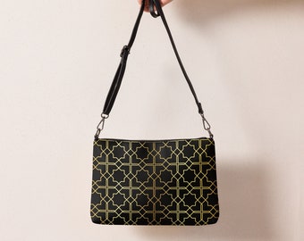 Black and Gold Crossbody Bag for Women, Faux Leather Handbag with Geometric Print, Gift for Her