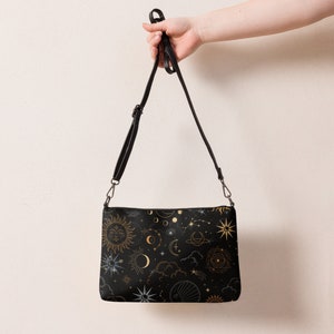 Black Celestial Crossbody Bag for Women, Faux Leather Handbag with Celestial Print