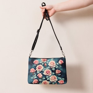 Pink Floral Crossbody Bag for Women, Custom Faux Leather Floral Handbag, Pink Flowers Shoulder Bag, Plant Lovers Gift, Gift for Her