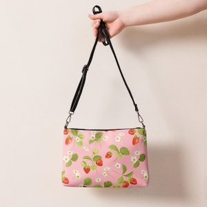 Pink Strawberries Crossbody Bag for Women, Pink Floral Faux Leather Handbag, Fruity Berries Shoulder Bag, Strawberry Purse, Gift for Her