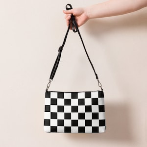Bolso bandolera a cuadros en blanco y negro para mujer, bolso de mano a cuadros, bolso retro de piel sintética personalizado, regalo de cumpleaños para ella.