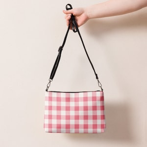 Sac à bandoulière rose et blanc imprimé vichy pour femme, sac à main rose en similicuir, sac à main vichy, cadeau personnalisé pour maman, cadeau de fête des mères