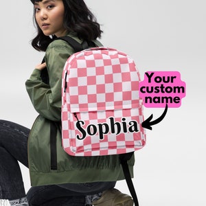 Personalized Pink Checkered Backpack for Women, Custom Name Water Resistant Bag for Girls, Back to School Gift, Back to College Gift