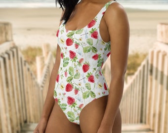 Strawberries Floral One Piece Swimsuit for Women, White and Red Fruity Swimwear, Berry Bathing Suit, Summer Clothing, Fruit Lovers Gift