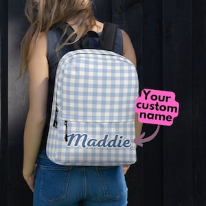 Mochila de cuadros vichy personalizada para mujer, bolso de cuadros azules personalizado para niña, regalo de vuelta al cole, regalo de vuelta a la universidad, regalo para amantes de los libros