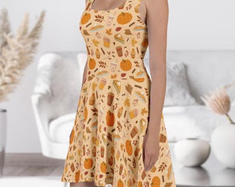 Pumpkin Spice Latte and Pie Sundress for Women, Pumpkins Autumn A-line Dress, Fall Print Summer Dress, Plus Size Sundress, Gift for Her