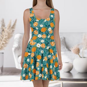 Oranges Floral Sundress for Women, Orange and Blue Fruity Summer Dress, Plus Size Skater Dress, A-line Dress, Sleeveless, Gift for Her