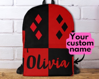 Personalized Backpack for Women, Custom Name Black and Red Diamonds Water Resistant Bag, Back to School Gift, Back to College Gift.