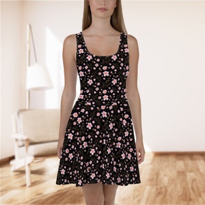 Cherry Blossoms Floral Sundress for Women, Black Floral Summer Dress, Pink Flowers Skater Dress, A-line Dress, Gift for Her