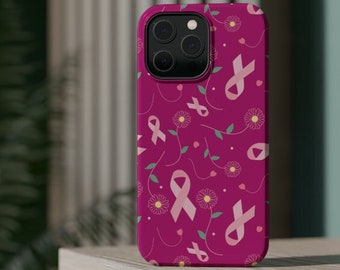 Breast Cancer Awareness MagSafe Tough Case for iPhone 14 and iPhone 13, Hot Pink MagSafe Case with Pink Ribbons, Cancer Awareness Gift