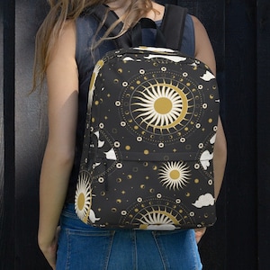 Black Celestial Backpack for Women, Moon, Stars, Sun, Clouds Black and Gold Bag, Space Backpack, Back to School Gift, Back to College Gift