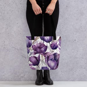 Purple Floral Tote Bag for Women, Flowers Tote Shopper Bag, Reusable Farmers Market Bag, Floral Purse, Shoulder Bag, Handbag, Gift for Her