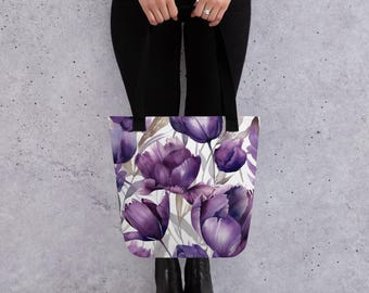 Purple Floral Tote Bag for Women, Flowers Tote Shopper Bag, Reusable Farmers Market Bag, Floral Purse, Shoulder Bag, Handbag, Gift for Her