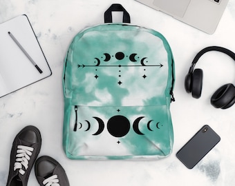 Blue and White Celestial Backpack for Women, Custom Tie Dye Medium-Sized Bag with Black Moon Phases Design, Back to School Gift