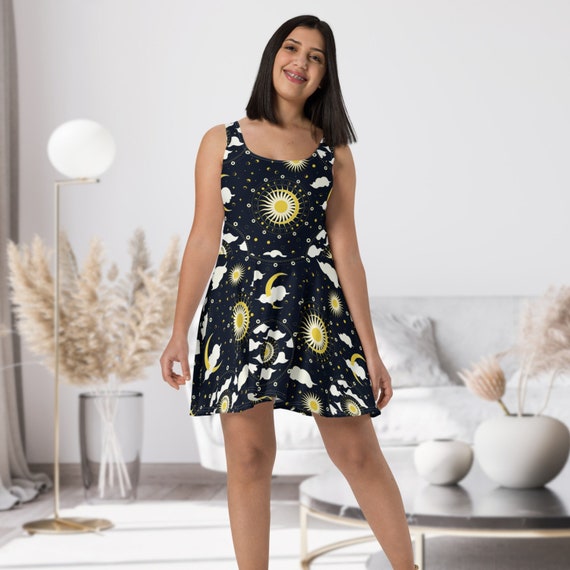 Celestial Black Summer Dress for Women, Moon and Stars Sundress, Black and Gold Skater Dress, Sleeveless Dress, Party Dress, Gift for Her