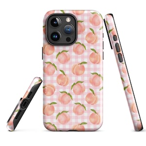 Peaches Tough Case for iPhone 15/ 14/13/12/11 Pro, Max, Plus, Pink Gingham Fruity Cover for iPhone 15, Fruit Lovers Gift