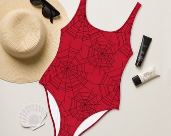 Spider Web One Piece Swimsuit for Women, Spider Cosplay Bodysuit, Red and Black Spider Halloween Costume, Goth Halloween Gift for Her