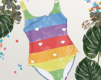Rainbow One Piece Swimsuit for Women, Rainbow with Hearts Cheeky Bathing Suit, Plus Size Swimwear, Summer Clothing, Vacation Gift for Her