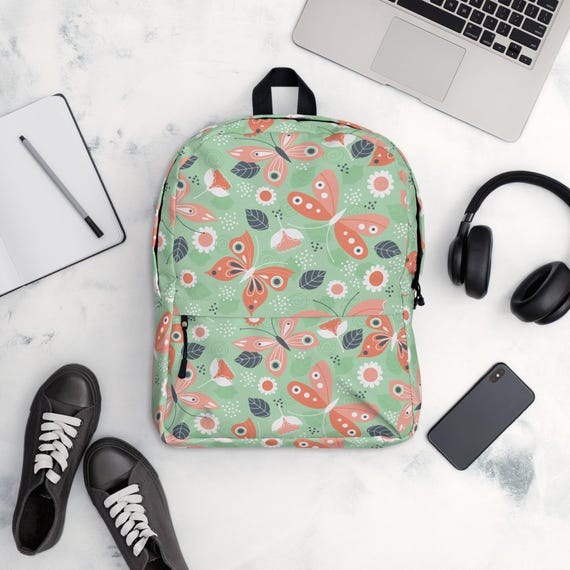 backpack laptop green pink Pink Butterflies Backpack for Women, Custom Water Resistant Bookbag, Pink  and Green Bag for College, Girly Backpack, Back to School Gift