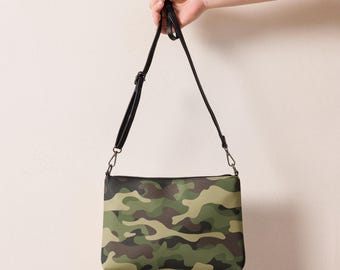 Green and Brown Camo Crossbody Bag for Women, Military Camo Handbag, Custom Faux Leather Camouflage Purse, Shoulder Bag, Gift for Her