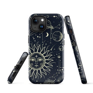 Celestial Black and White Tough Case for iPhone 15/14/13/12/11 Pro, Max, Plus, Sun Moon and Stars Cover for iPhone 15, Space Lovers Gift