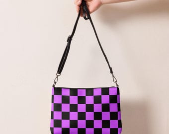 Black and Purple Checkered Crossbody Bag for Women, Checkered Handbag, Custom Faux Leather Retro Purse, Birthday Gift for Her