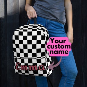Personalized Checkered Backpack for Women, Custom Name Black and White Water Resistant Bag, Back to School Gift, Back to College Gift