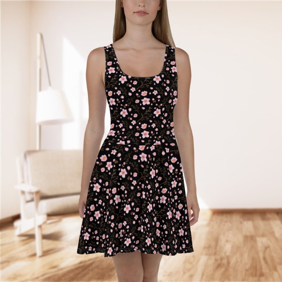 Cherry Blossoms Floral Sundress for Women, Black Floral Summer Dress, Pink  Flowers Skater Dress, A-line Dress, Gift for Her - Etsy