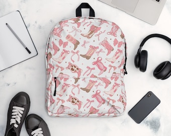 Pink Cowgirl Backpack for Women, Cowgirl Boots and Pink Bows Bag for Girls, Coquette Western Backpack, Back to College Gift, Gift for Her