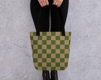 Bolso tote a cuadros verdes y marrones para mujer, bolso tote retro, bolso de mano con estampado de camuflaje, bolso de hombro, bolso de granjero, regalo para ella.