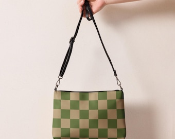 Green and Brown Checkered Crossbody Bag for Women, Checkered Camo Handbag, Custom Faux Leather Retro Purse, Shoulder Bag, Gift for Her