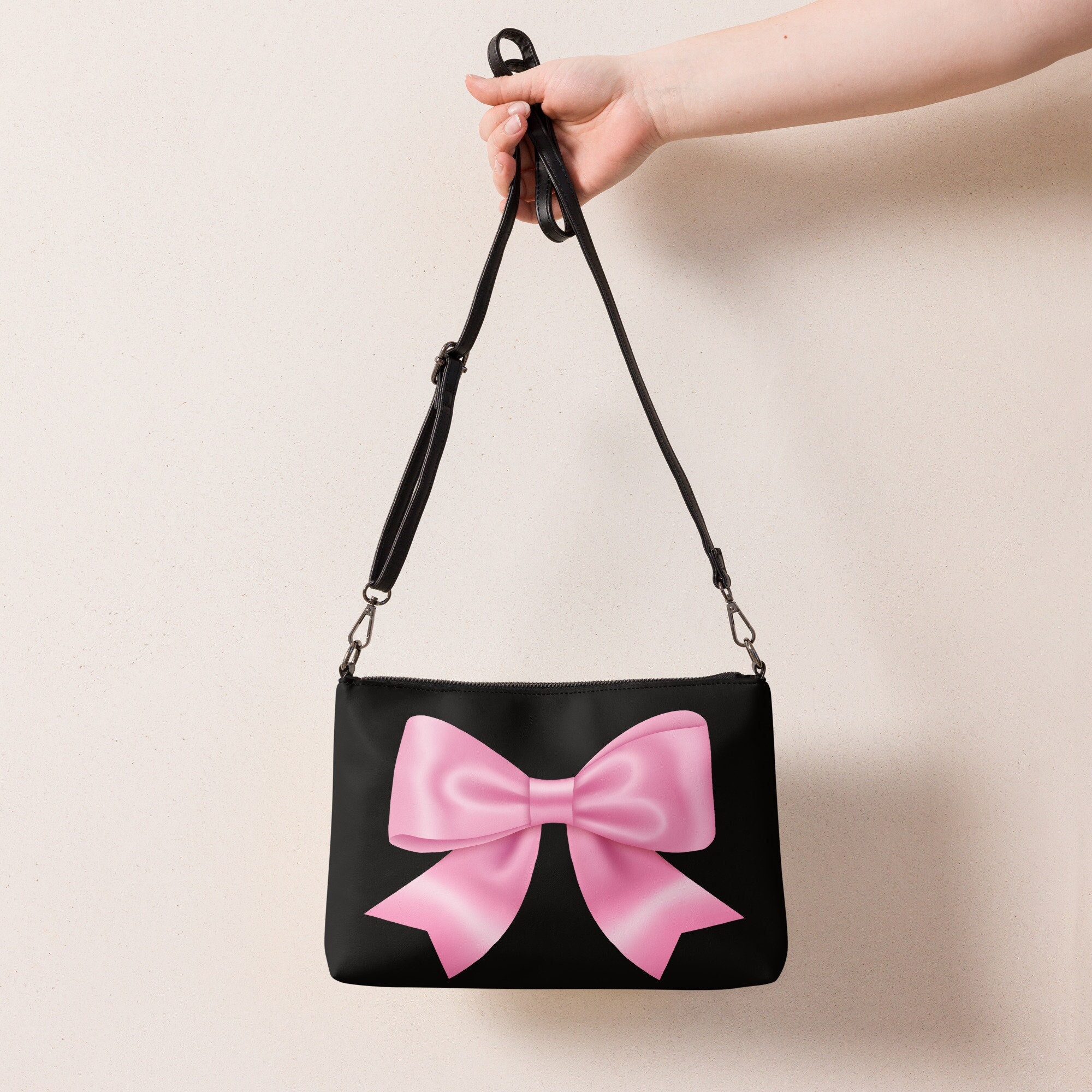 Pink Bow Black Crossbody Bag for Women, Custom Faux Leather