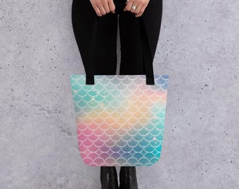 Bolso tote de sirena para mujer, bolso de compras de fantasía en colores pastel, bolso de mano, bolso de hombro, bolso de granjero, regalo para amantes de las sirenas