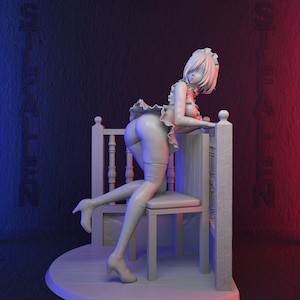 May include: A white figurine of a woman in a maid outfit, leaning on a wooden chair. The figurine is posed in a suggestive manner, with her back to the camera and her legs spread apart. The chair is simple and has a wooden seat and back.