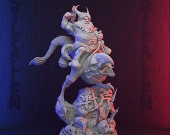 May include: A white 3D printed figurine of a dwarf riding a bird-like creature. The dwarf is wearing a horned helmet and holding a weapon. The creature has a long tail and sharp claws. The base of the figurine is decorated with skulls and other details.