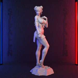 May include: White painted figurine of a woman with long hair pulled back in two buns. She is wearing a bikini top and a short skirt. The figurine is standing on a white base.
