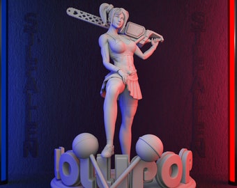 May include: A white 3D printed figurine of a woman with pigtails holding a chainsaw. She is standing on a base with the word "Lollipop" printed on it.