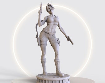 May include: A white 3D printed figurine of a female adventurer holding two pistols. The figurine is standing on a round base with the words "STL FALLEN" printed on the front.