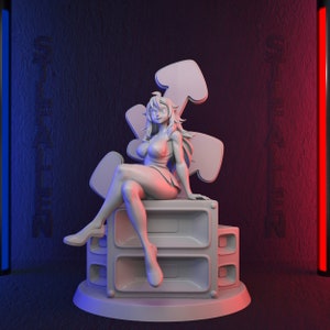 May include: A white figurine of a woman with long hair sitting on a white platform with a series of white rectangular boxes. The platform is surrounded by white arrow shapes.